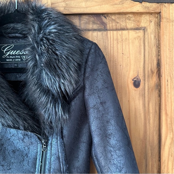 Vintage 90's Y2K Guess Black Moto Bike Jacket Faux Fur Faux Leather Mob Wife XS - Picture 5 of 10